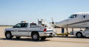 Airport tarmac pickup service VIP vehicle near private jet