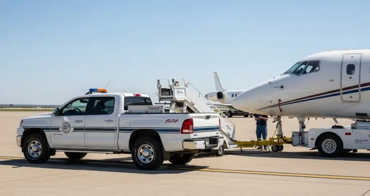 Airport tarmac pickup service VIP vehicle near private jet
