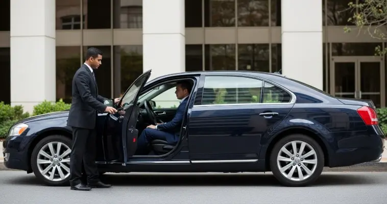 Business executive sedan arriving for corporate transportation service with chauffeur opening door for passenger outside office building