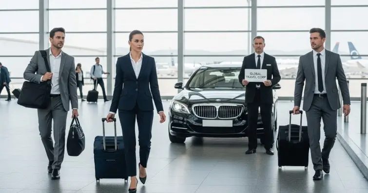 Business professionals arriving at airport with corporate travel luggage and chauffeur waiting for pickup