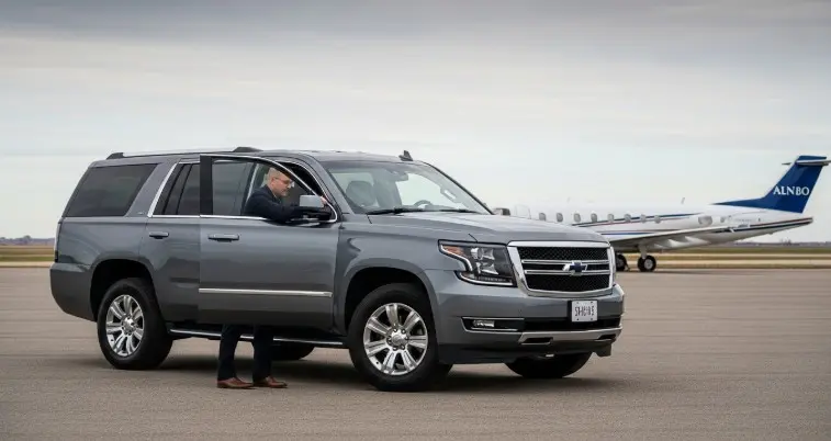 Luxury SUV chauffeur pickup at private FBO terminal with private jet in background