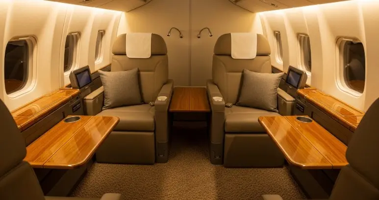 Mercedes Jet Class chauffeur luxury van interior with reclining leather seats and ambient lighting for VIP travel